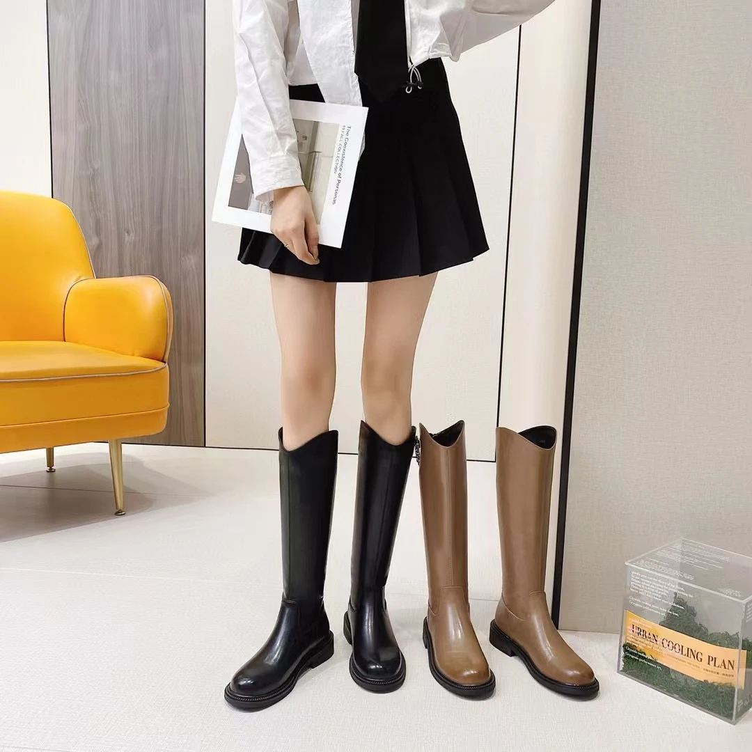 英伦长筒靴粗跟厚底马丁靴不过膝长靴女骑士靴中筒厚底F3-393-21