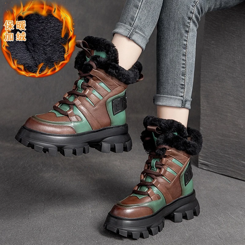 冬季新款加棉厚底羊毛拼色潮同款真皮港风棉靴马丁靴舒适G1-0398