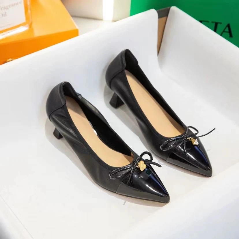 撞色蝴蝶结尖头细跟绿色女单鞋E7-1575