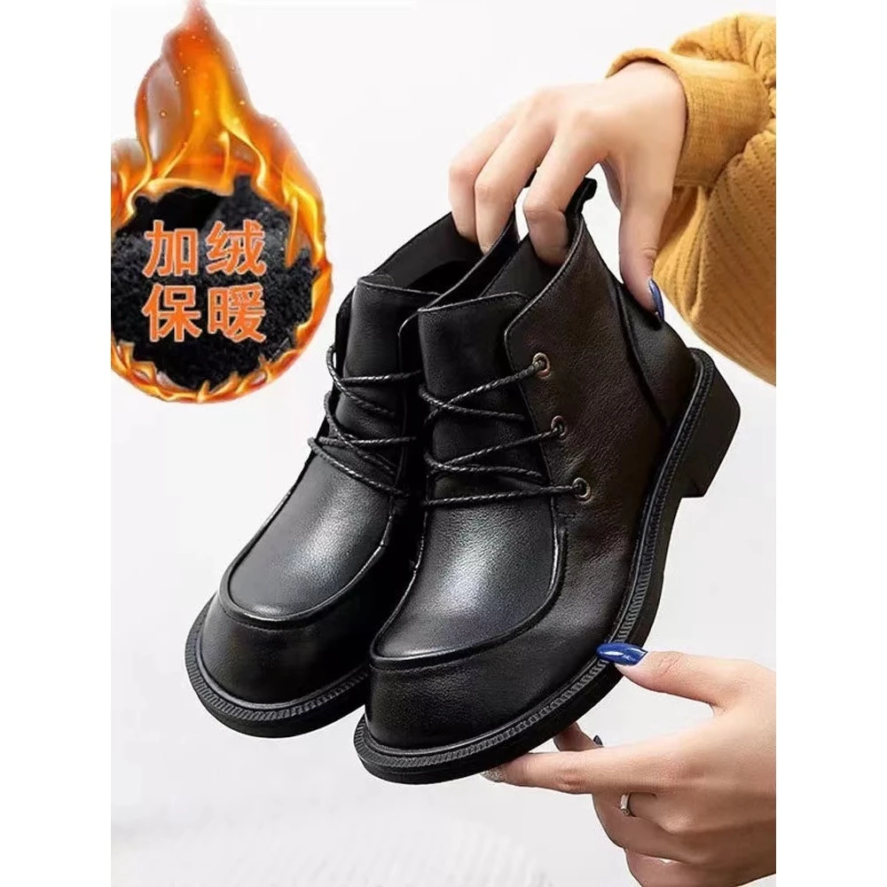 2024秋冬款复古鞋牛皮粗跟软皮短靴女马丁靴加绒Q1-5171-2