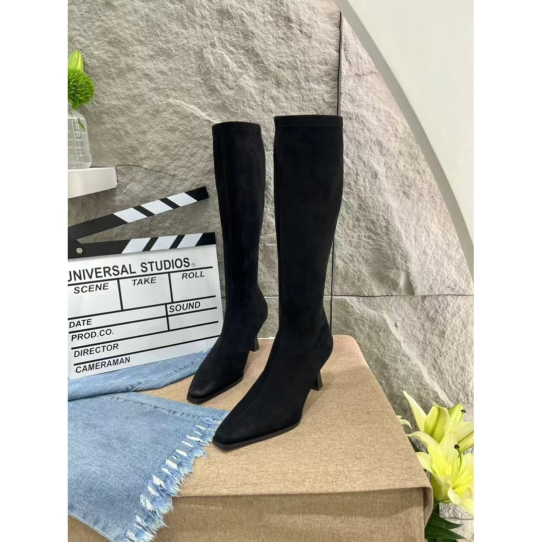 2024新款显瘦长筒靴女粗跟不过膝长靴绒面裸靴弹力瘦瘦靴C9-2695