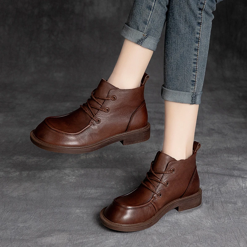 民族风复古高帮系带女鞋头层牛皮大头娃娃单鞋休闲马丁靴R1-5171