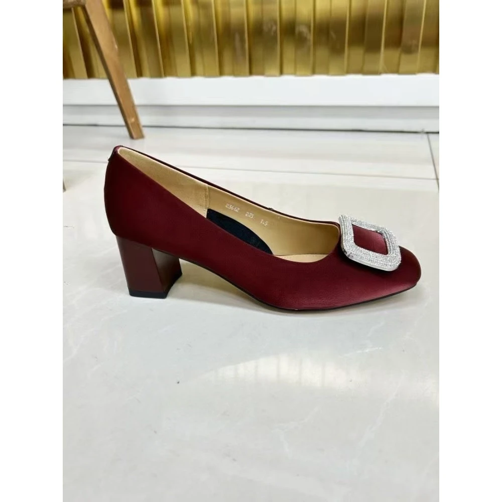 2024春季百搭浅口女单鞋水钻方扣真皮拉丝方头粗跟优雅P5-2351-1