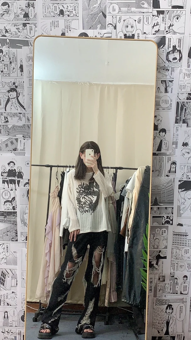 白色打底衫女慵懒风春夏印花涂鸦T恤长袖超薄圆领宽松潮清凉上衣