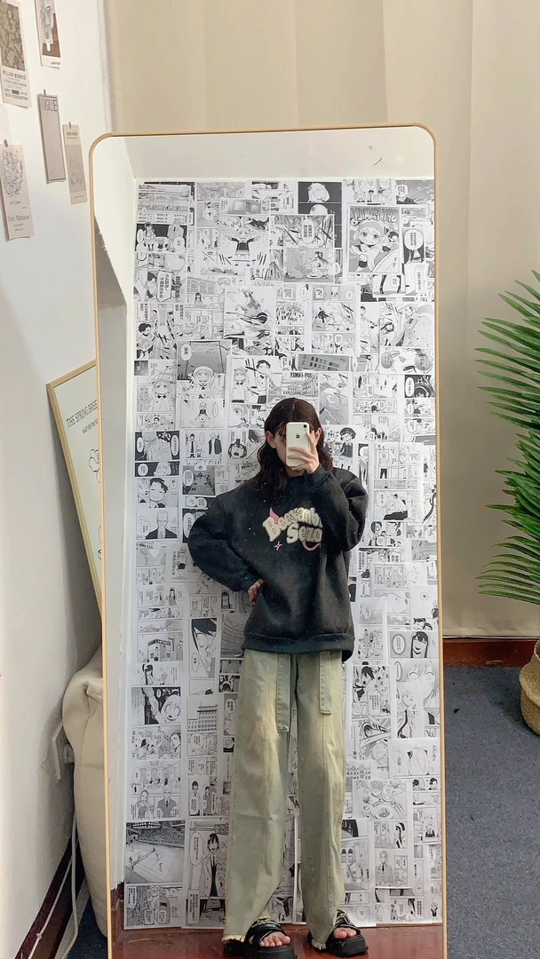 美式复古牛仔裤阔腿裤宽松秋冬长裤bf慵懒风松紧带腰带有小个子款