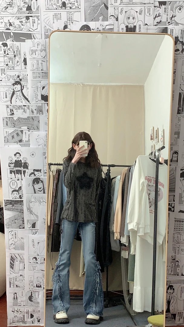 美式辣妹复古水洗毛边微喇牛仔裤女修身显瘦重工坠感长裤子ins潮