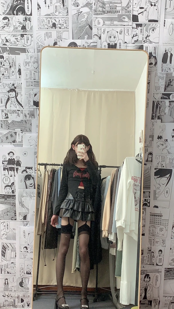 亚文化y2k千禧辣妹黑红蝙蝠吸血鬼风T恤女吊带上衣两件套春秋季