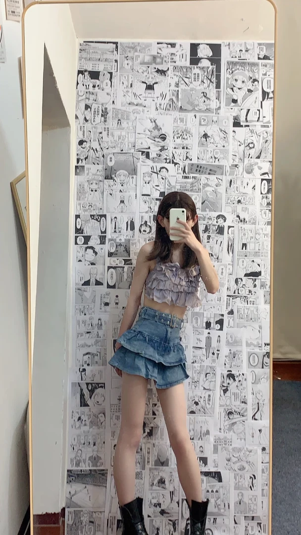 超火辣妹网红百褶半身裙牛仔裙短裙防走光夏季女蛋糕裙双层带皮带