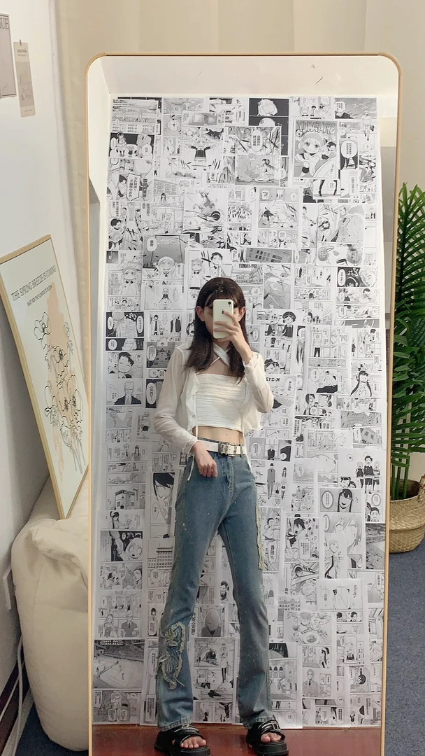 复古水洗蝴蝶刺绣牛仔裤女春夏秋冬辣妹高腰长裤阔腿裤微喇叭修身