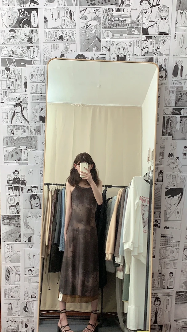 小众设计复古俩件套扎染网纱吊带连衣裙女夏季朦胧感修身显瘦长裙
