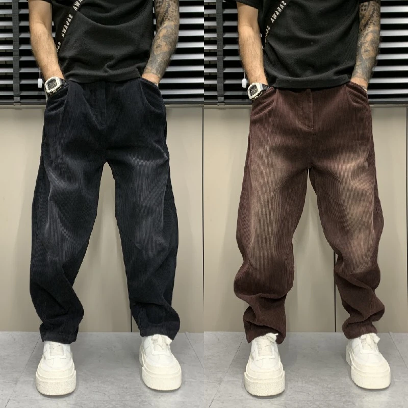 男士2024秋冬新款灯芯绒休闲裤加绒宽松阔腿加厚渐变痞帅哈伦裤