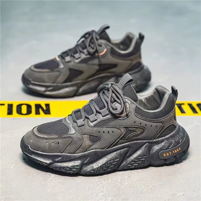 老爹男鞋男士户外休闲登山透气网面鞋厚底增高黑色百搭潮流冬季鞋