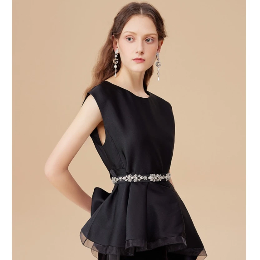 哥文花园2024春装新款黑色斜裁荷叶摆衬衫女名媛CTA3014120