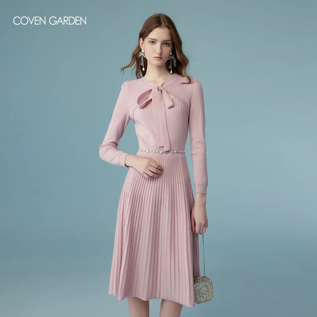 【哥文花园】蝴蝶结气质针织百褶连衣裙 CLA1031280