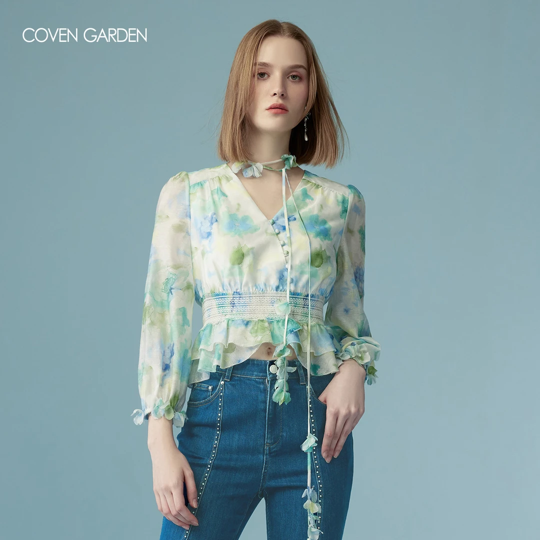 【哥文花园】水墨印花收腰衬衫女上衣法式 CLA1015390