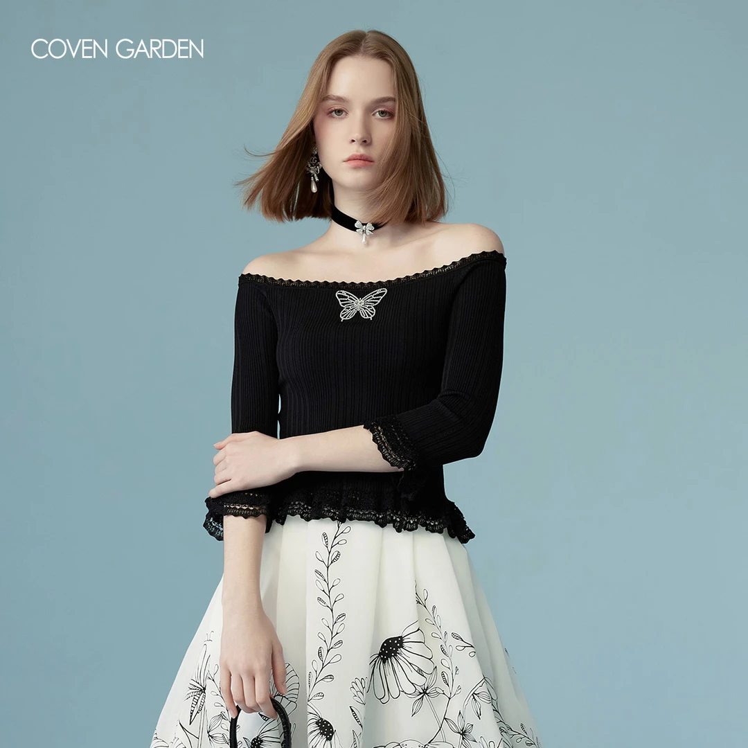 【哥文花园】复古蕾丝一字肩针织衫上衣女 CLC1032078