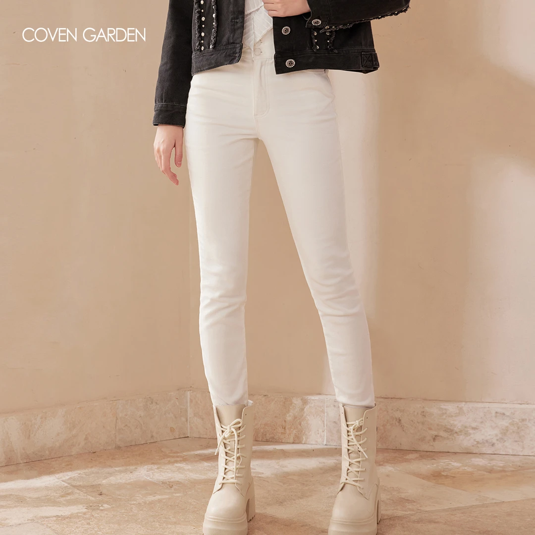 【哥文花园】春装新款简约百搭白色牛仔裤修身抓毛女CTA4061600