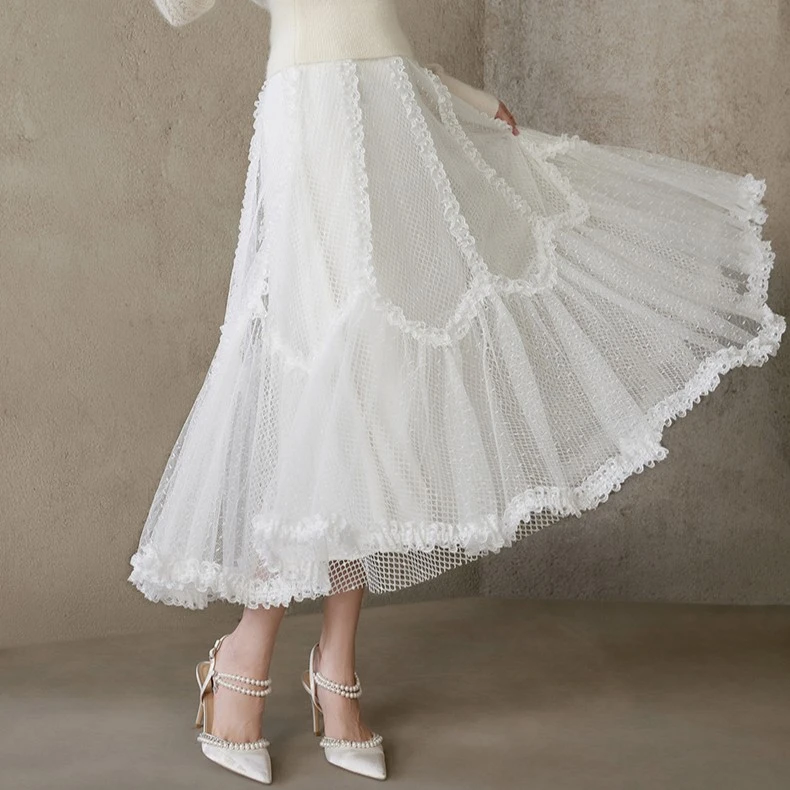 【哥文花园】复古高级感网纱蕾丝边半身裙CTA4071090