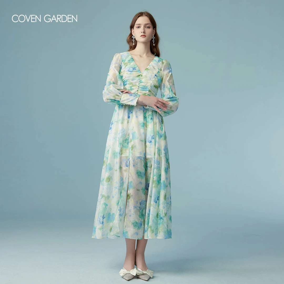【哥文花园】温婉水墨印花泡泡袖连衣裙 CLA1085360