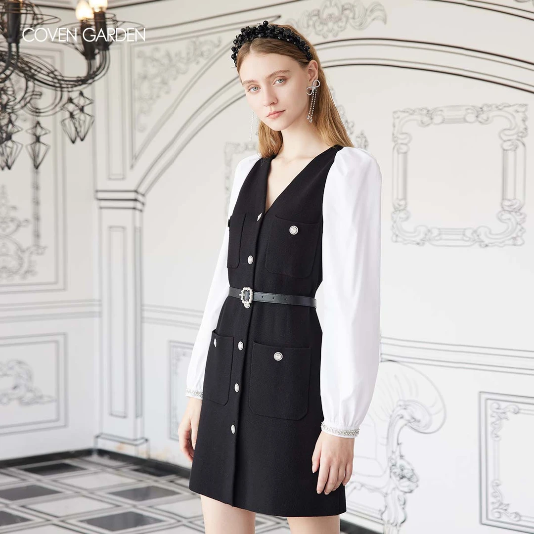 【高高甄选】哥文花园V领黑白拼接法式连衣裙CWA1031620