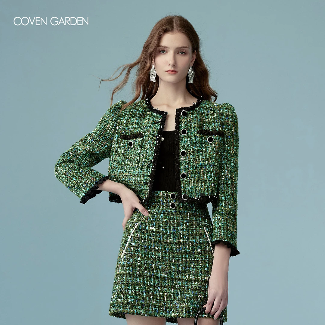 【哥文花园】绿色花呢小香风复古外套女 CLC1341258