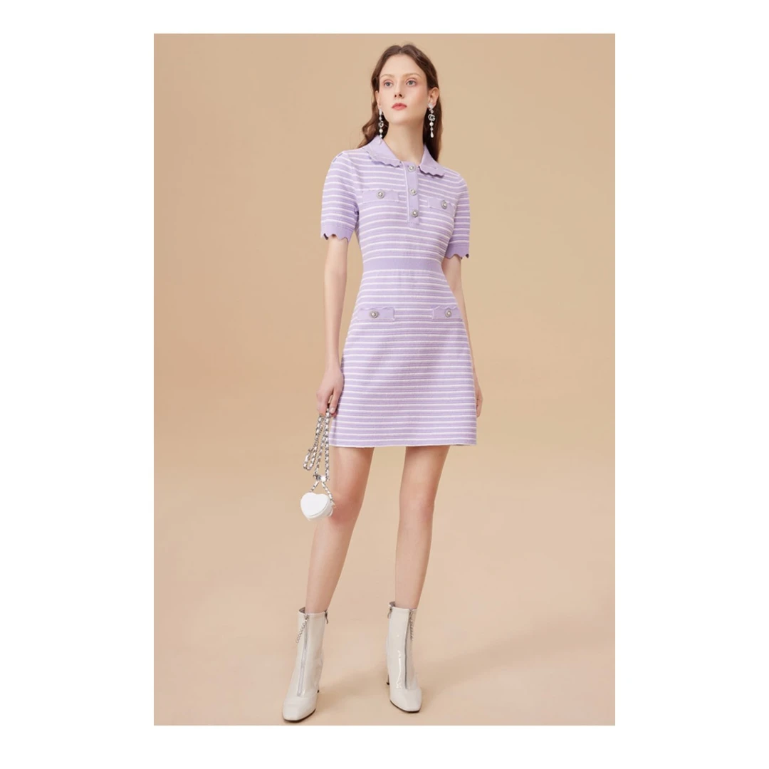 【哥文花园】浅紫色条纹小香风连衣裙针织女CTA3082030