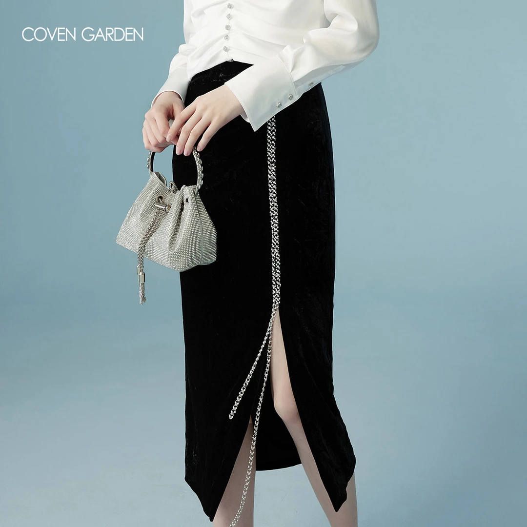 【哥文花园】高贵亮葱丝绒开叉a字半身裙 CLC1071728