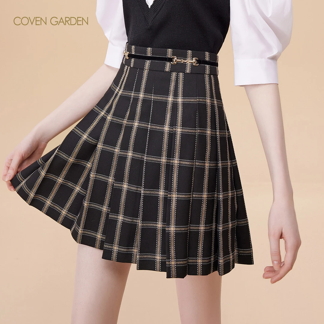 【若谷专属】哥文花园 金线格纹百褶短裙CTA3071220 COVEN GARDEN