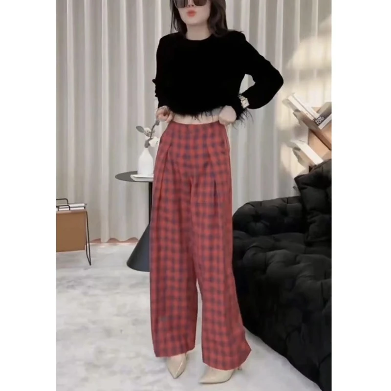 2024新款洋气短款长袖上衣高腰格纹休闲裤时尚女