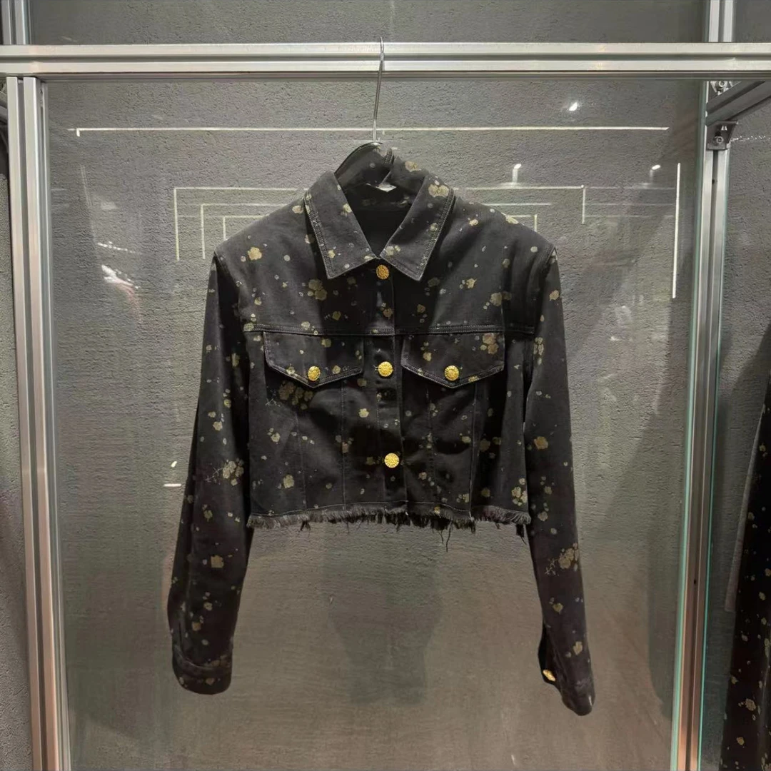 【宝儿姐优选】复古印花做旧水洗流苏边牛仔外套