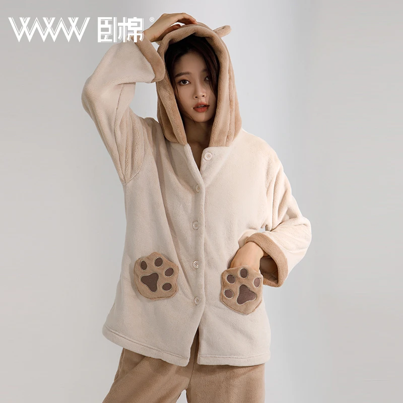 WWW秋冬保暖牛奶绒防寒甜美可爱连帽大码双面加绒家居服睡衣套装