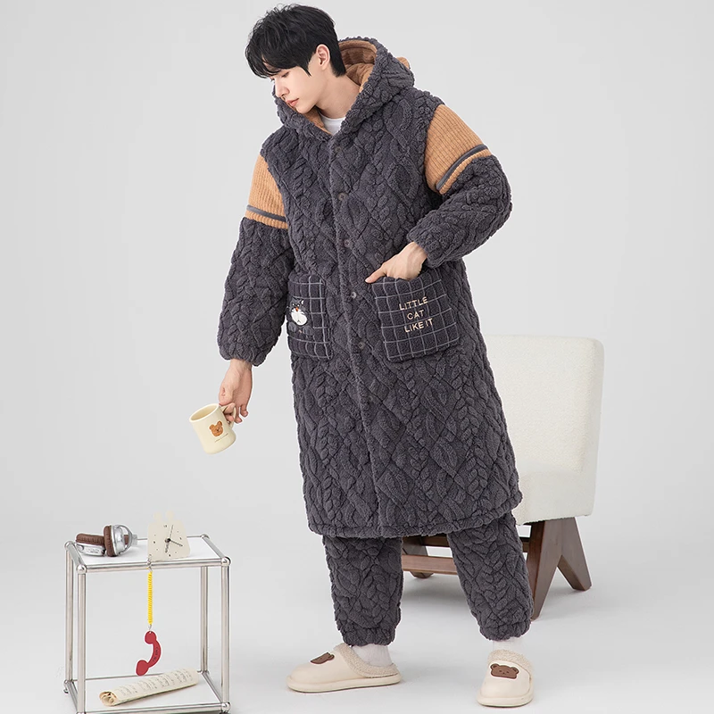 三层夹棉加厚睡袍冬季男士睡衣加厚加绒秋冬款珊瑚绒家居服 7837
