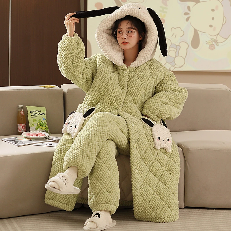 三层夹棉加厚冬季法兰绒睡袍卡通可爱珊瑚绒睡衣女士家居服 8958