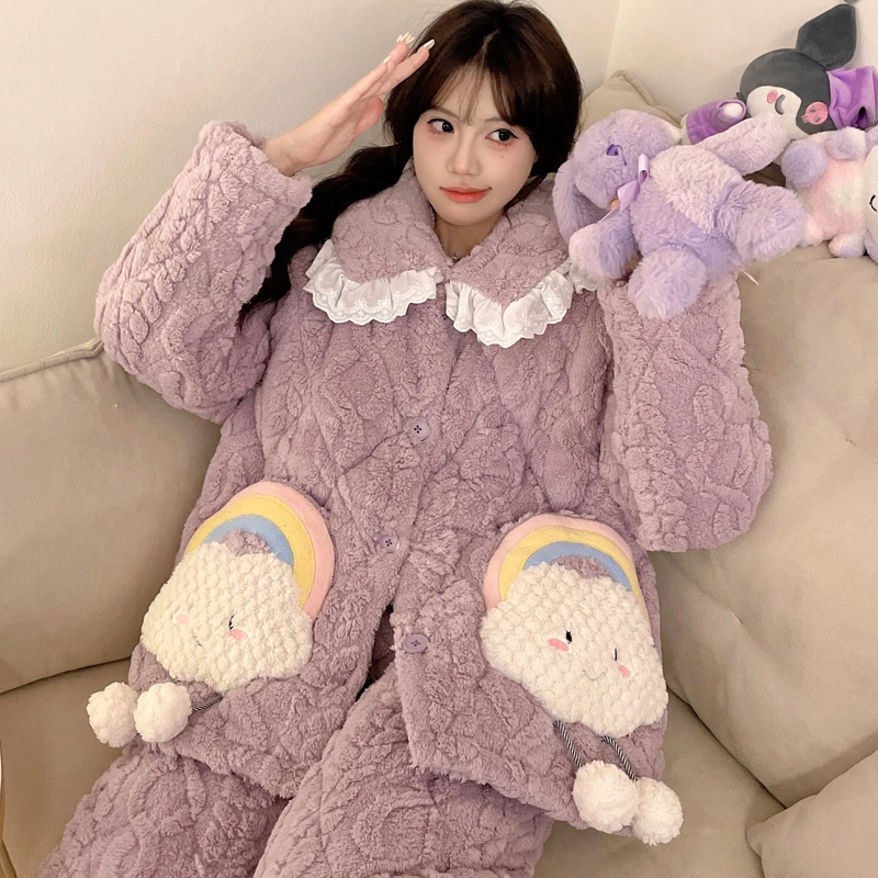 三层加厚加绒夹棉睡衣女士冬季甜美卡通珊瑚绒可外穿家居服 8987