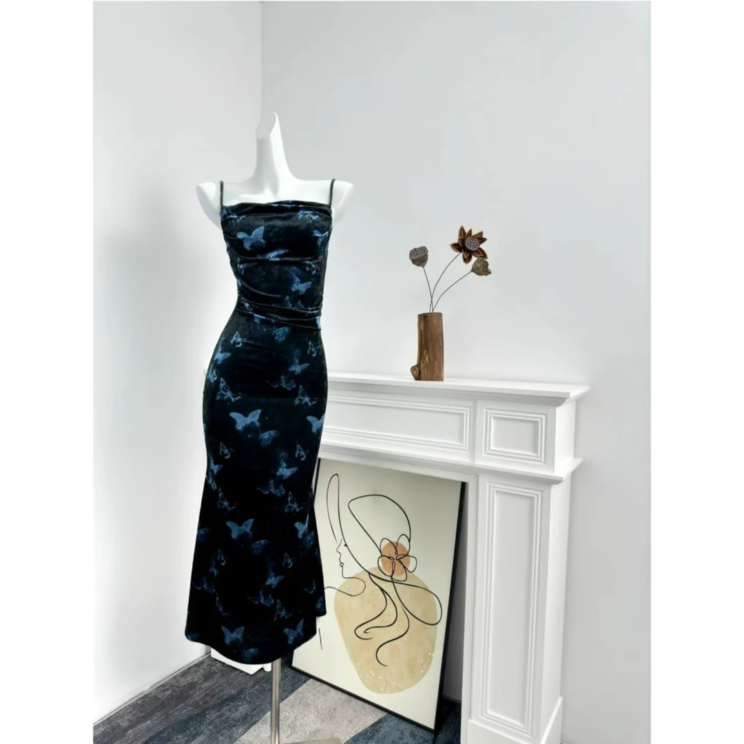 秋冬季高级性感收腰包臀丝绒吊带连衣裙编号601-800