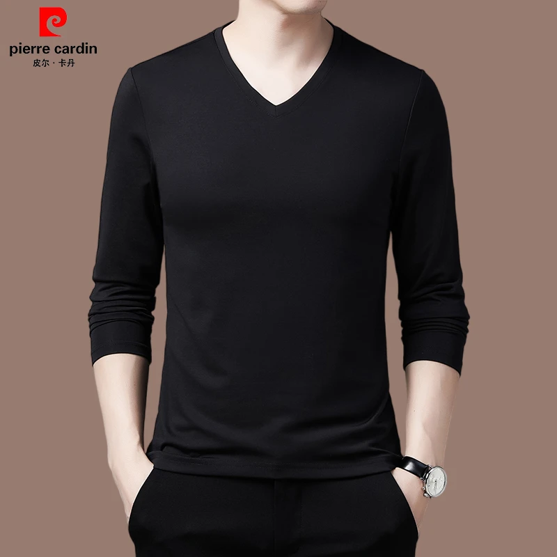 皮尔卡丹春季男士桑蚕丝长袖T恤中青年修身百搭纯色薄款V领打底衫
