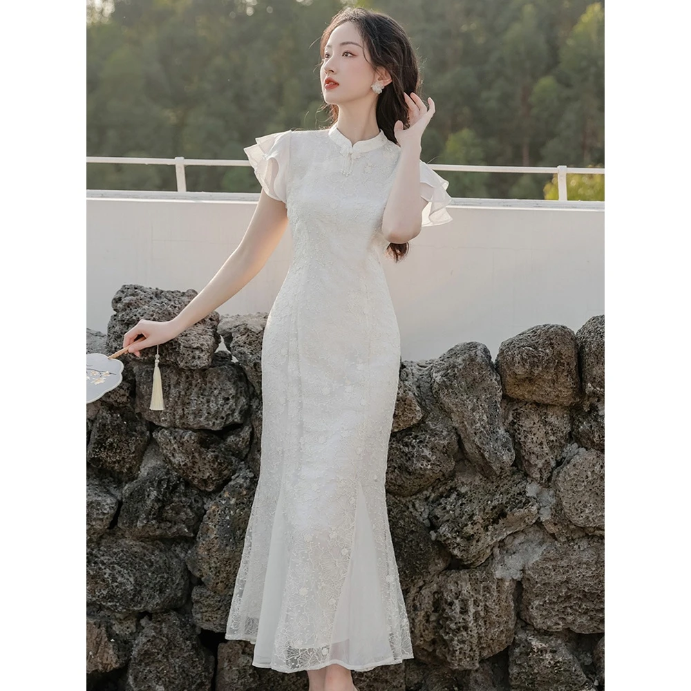 新中式复古国风改良旗袍裙法式轻奢洋气约会白色蕾丝高级感连衣裙