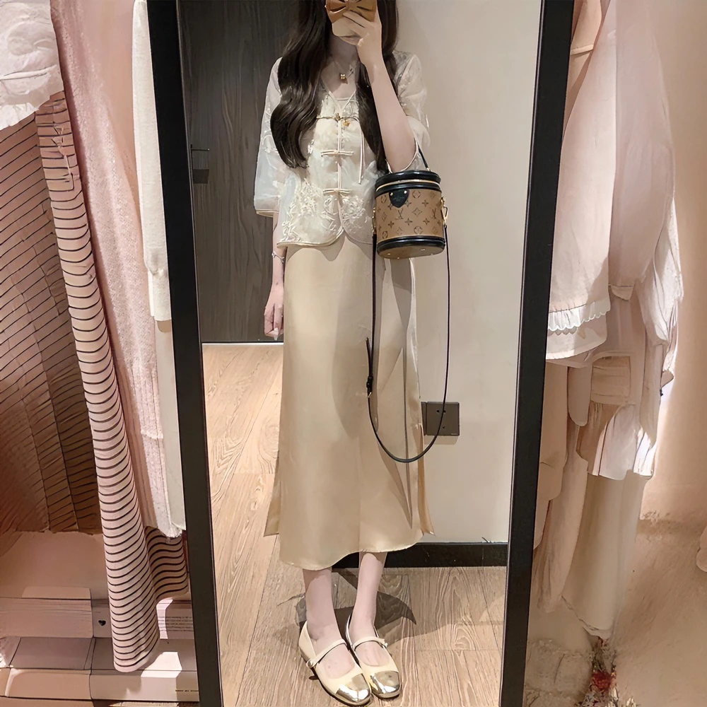 2025新中式国风夏季大码女装上衣醋酸缎面连衣裙半身裙修身两件套