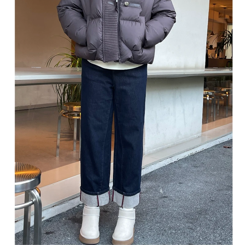 青青·STUDIO〖私服定制〗秋冬简约风格卷边丹宁阔腿牛仔裤QS25115