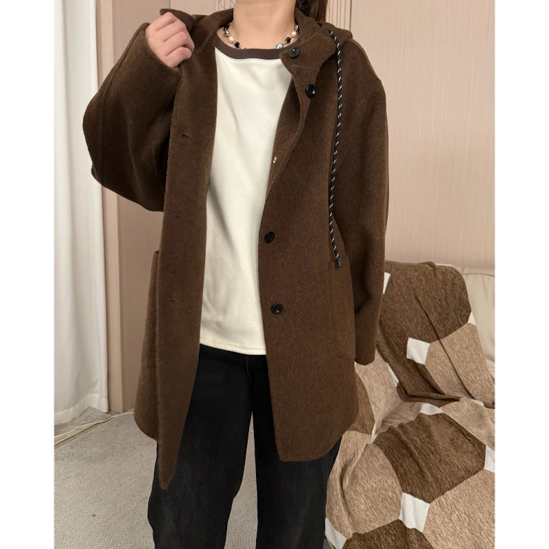 青青·STUDIO〖私服定制〗冬季带帽纽扣中长款双面羊毛大衣QS25130