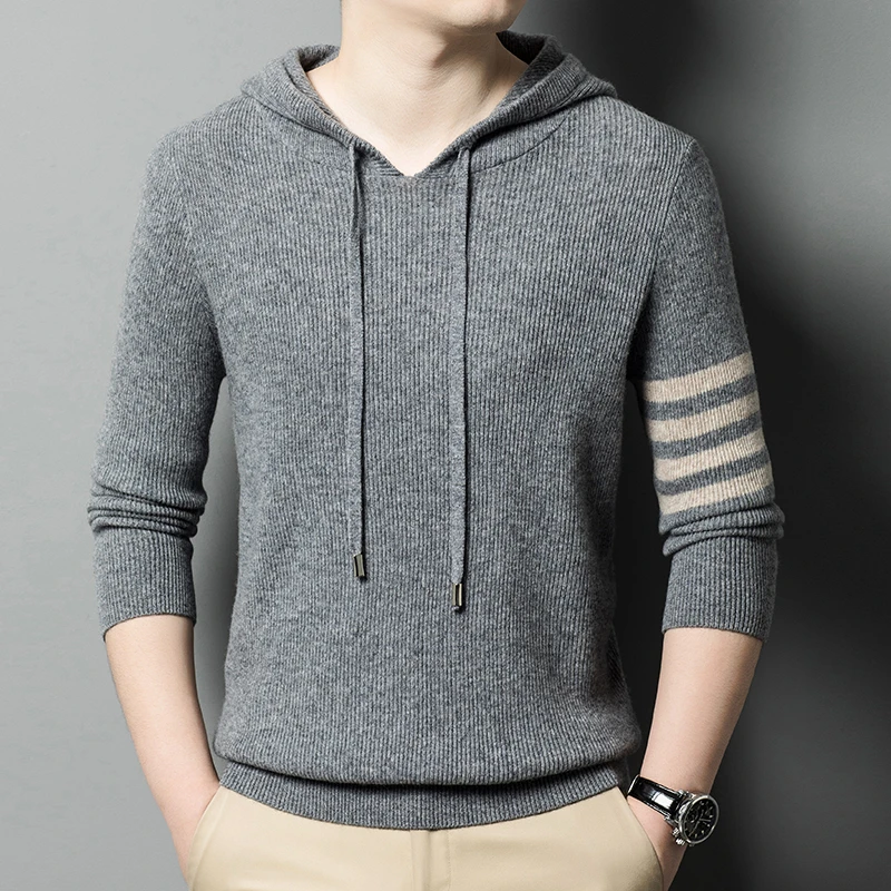 【500克】冬季加厚连帽套头衫男士羊绒衫三条杠休闲百搭年轻时尚