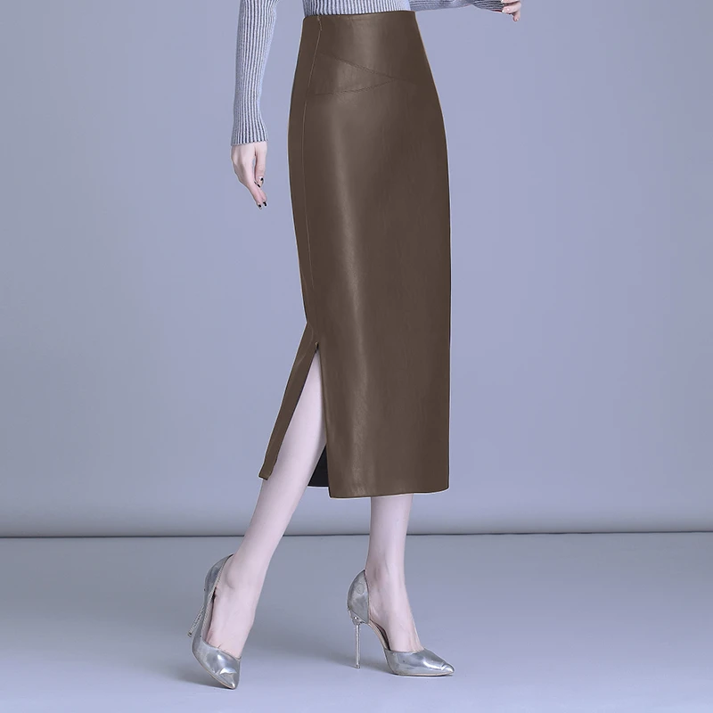 海宁纯皮皮裙女高腰包臀长皮裙 SJLR-2085