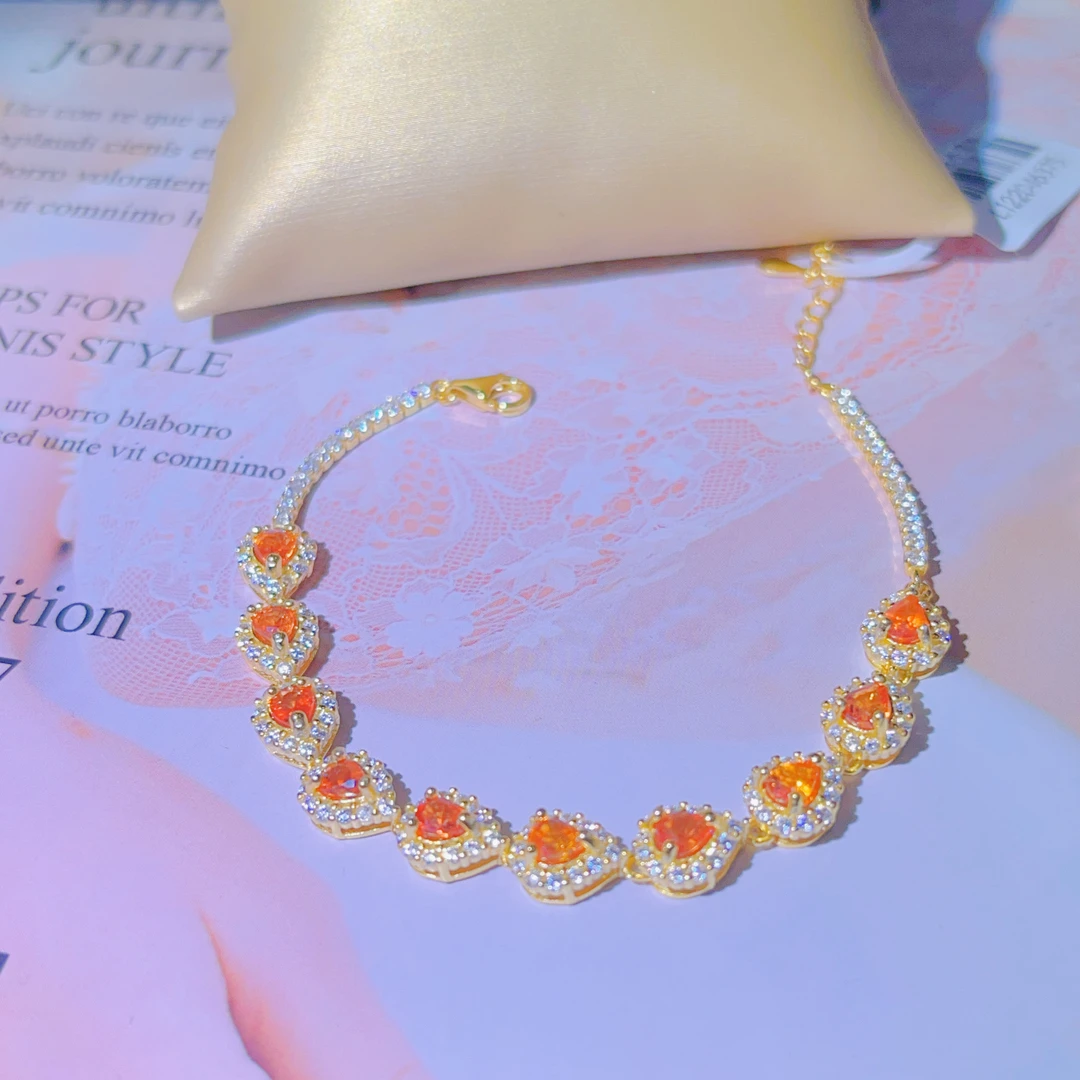 天然彩色蓝宝石手链 日落色帕帕拉恰 水滴形s925银镶嵌 轻奢温暖