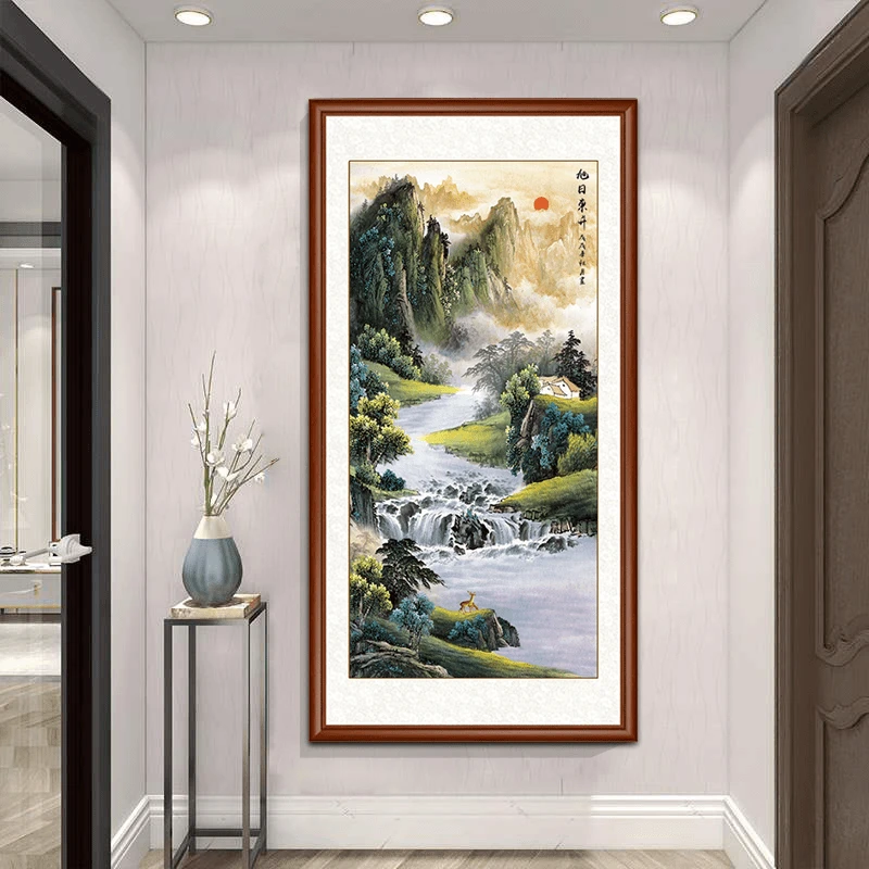 【旭日东升】竖版画带框装裱大气实木边框客厅玄关过道山水挂画