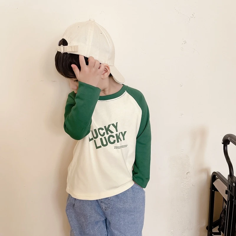 萌娃国庆穿搭男童长袖T恤春秋款儿童纯棉打底衫宝宝上衣撞色潮