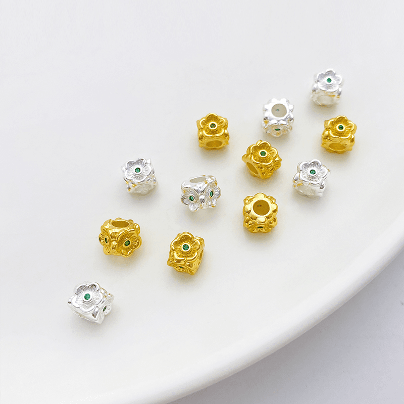 18K包金保色银色微镶绿锆石方形花朵隔珠手工diy手链项链饰品配件