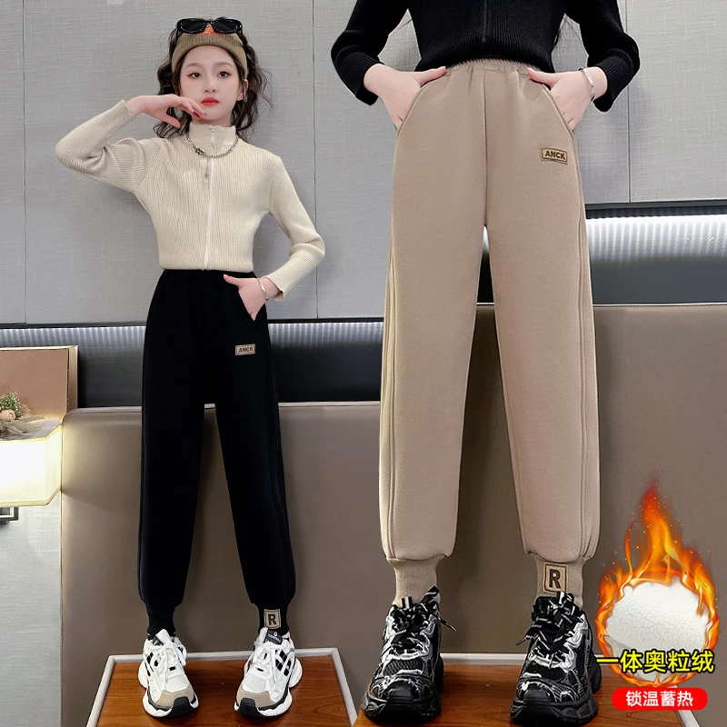 女童加绒裤子秋冬2024新款大童宽松一体绒卫裤儿童加厚运动休闲裤