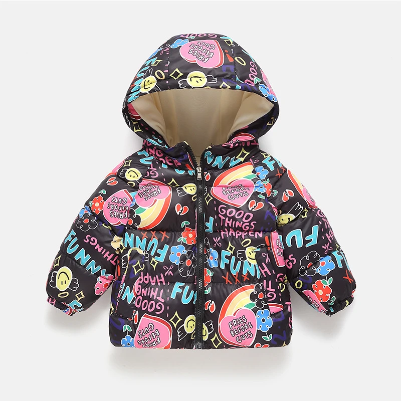 儿童加绒短款卡通涂鸦棉服男童女童洋气冬季洋气外套女宝可爱棉衣