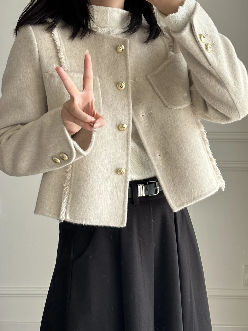 【秋冬新款】拉毛金属扣时尚短款小香风短款羊毛大衣