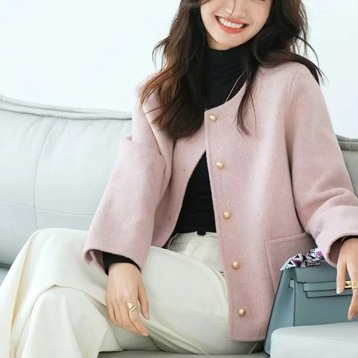 【工厂直销】新2306款单排扣休闲街头短款小香风羊毛大衣